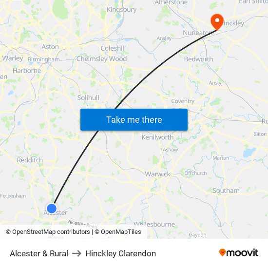 Alcester & Rural to Hinckley Clarendon map