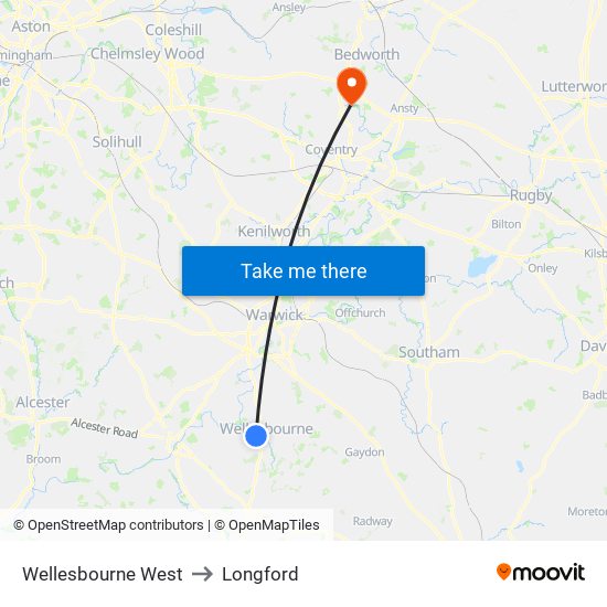 Wellesbourne West to Longford map