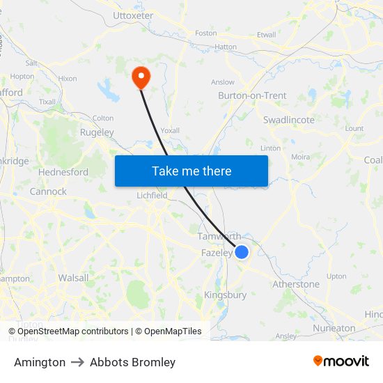 Amington to Abbots Bromley map