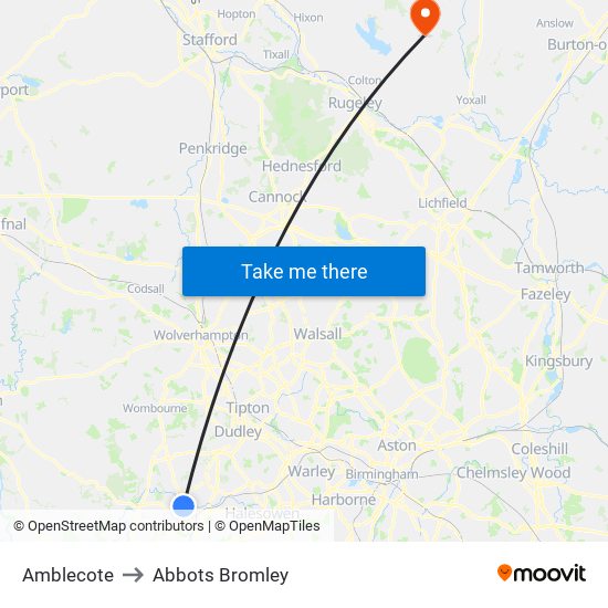 Amblecote to Abbots Bromley map