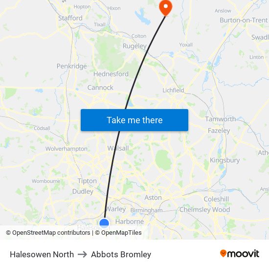 Halesowen North to Abbots Bromley map