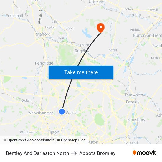 Bentley And Darlaston North to Abbots Bromley map