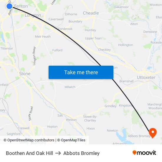 Boothen And Oak Hill to Abbots Bromley map