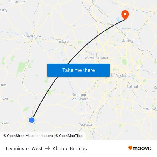 Leominster West to Abbots Bromley map