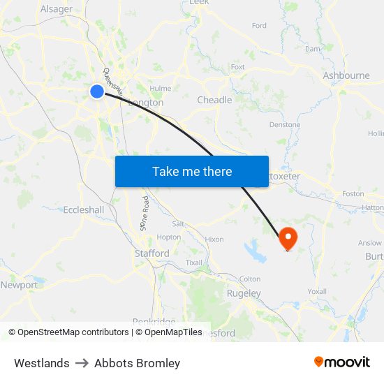 Westlands to Abbots Bromley map