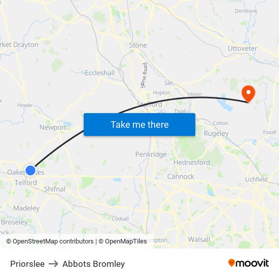 Priorslee to Abbots Bromley map