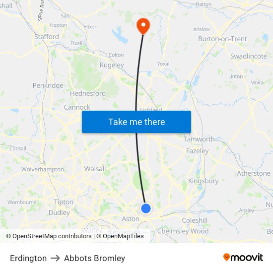Erdington to Abbots Bromley map