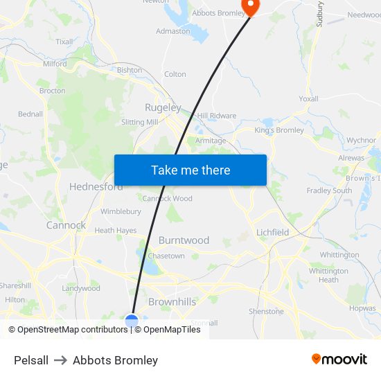 Pelsall to Abbots Bromley map