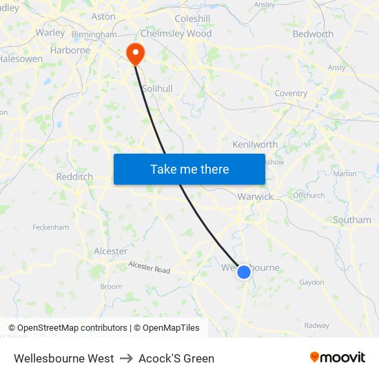 Wellesbourne West to Acock'S Green map