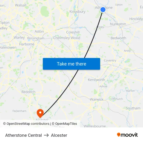 Atherstone Central to Alcester map