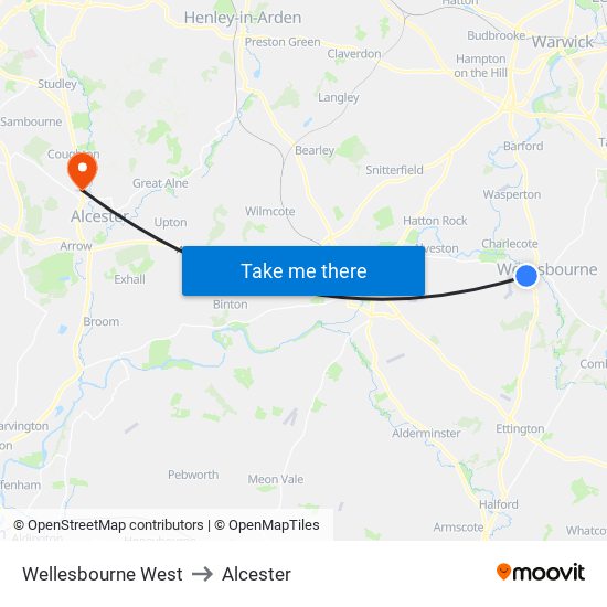 Wellesbourne West to Alcester map