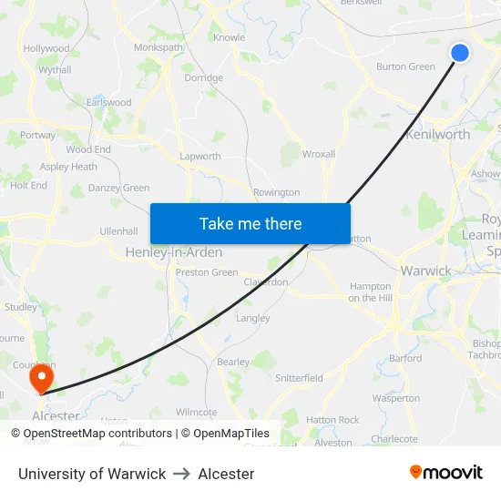 University of Warwick to Alcester map
