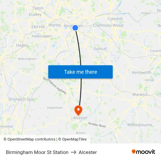 Birmingham Moor St Station to Alcester map
