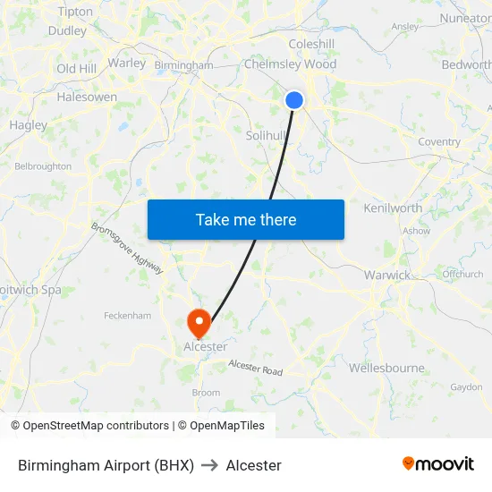 Birmingham Airport (BHX) to Alcester map