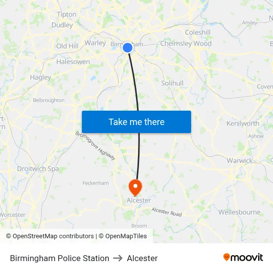 Birmingham Police Station to Alcester map