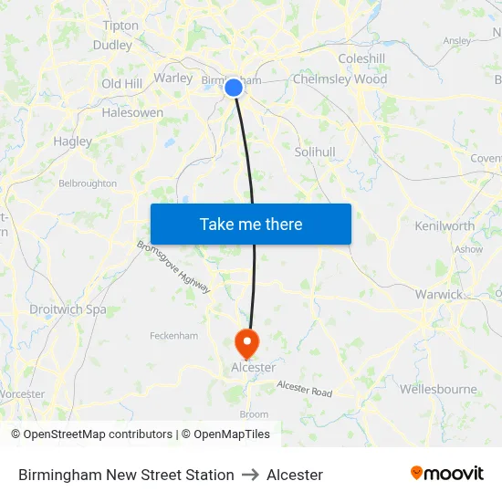 Birmingham New Street Station to Alcester map