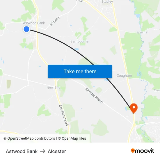 Astwood Bank to Alcester map