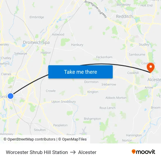 Worcester Shrub Hill Station to Alcester map