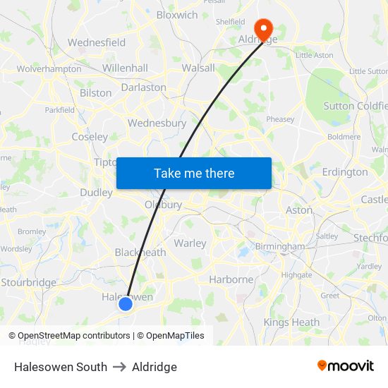 Halesowen South to Aldridge map