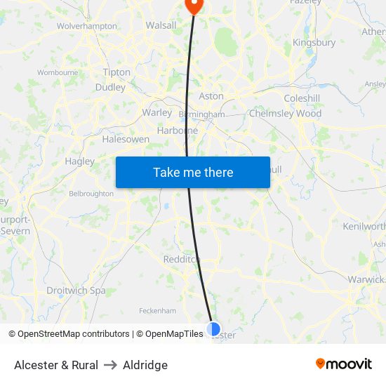 Alcester & Rural to Aldridge map