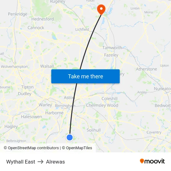 Wythall East to Alrewas map