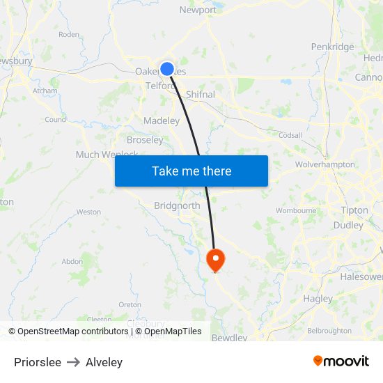 Priorslee to Alveley map