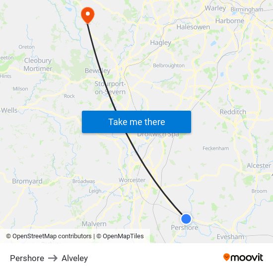 Pershore to Alveley map