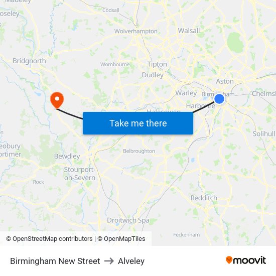 Birmingham New Street to Alveley map