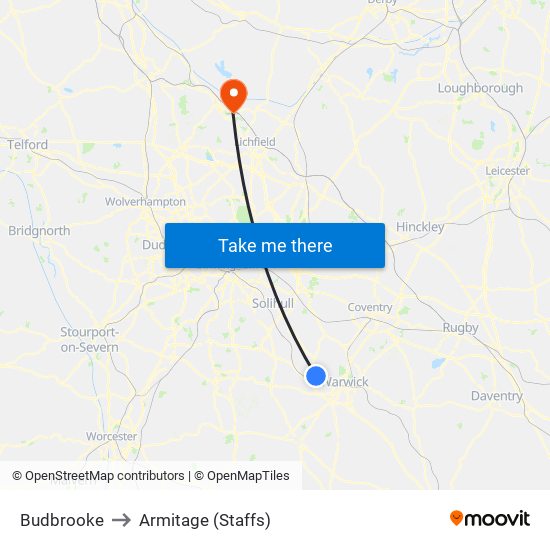 Budbrooke to Armitage (Staffs) map