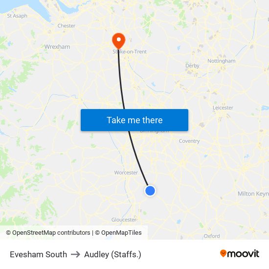 Evesham South to Audley (Staffs.) map