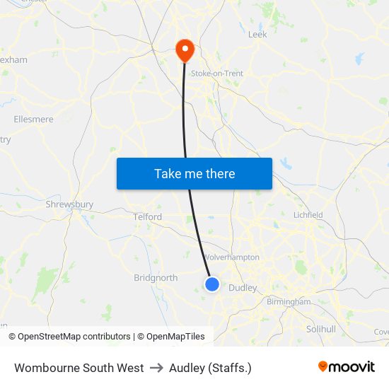 Wombourne South West to Audley (Staffs.) map