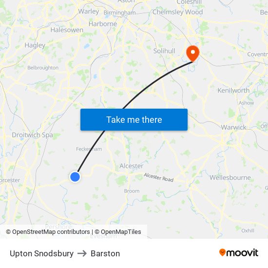 Upton Snodsbury to Barston map