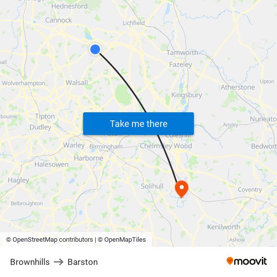 Brownhills to Barston map