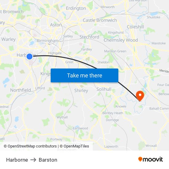 Harborne to Barston map