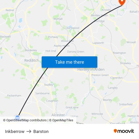 Inkberrow to Barston map