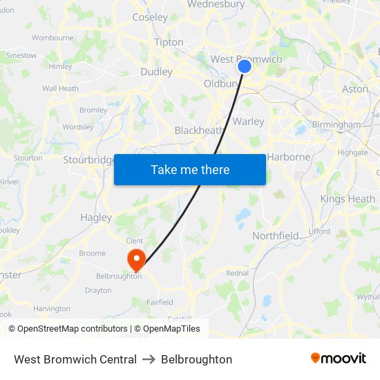 West Bromwich Central to Belbroughton map