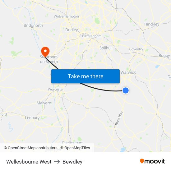 Wellesbourne West to Bewdley map