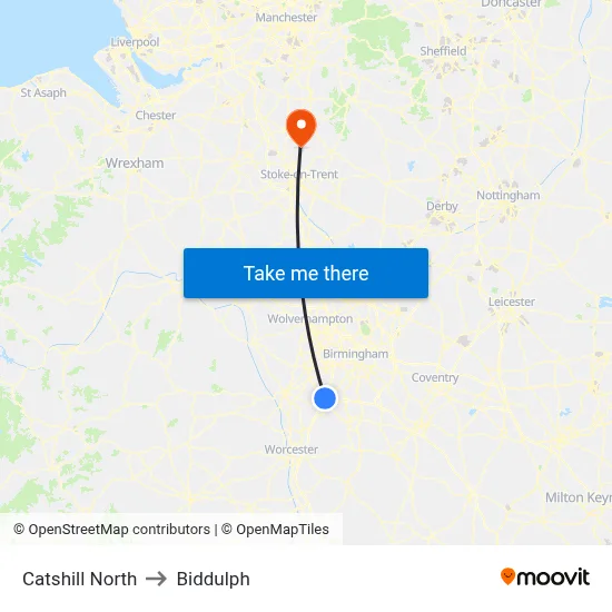 Catshill North to Biddulph map