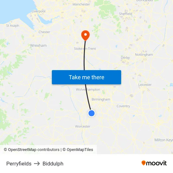 Perryfields to Biddulph map