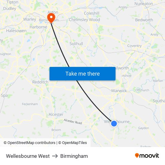 Wellesbourne West to Birmingham map