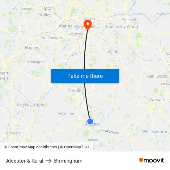 Alcester & Rural to Birmingham map