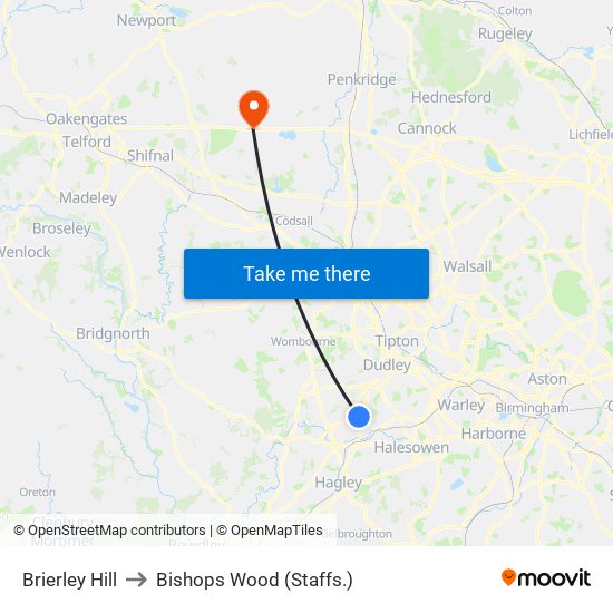 Brierley Hill to Bishops Wood (Staffs.) map