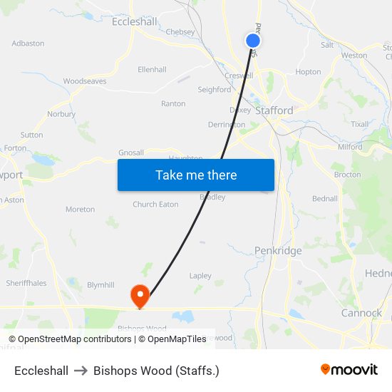 Eccleshall to Bishops Wood (Staffs.) map