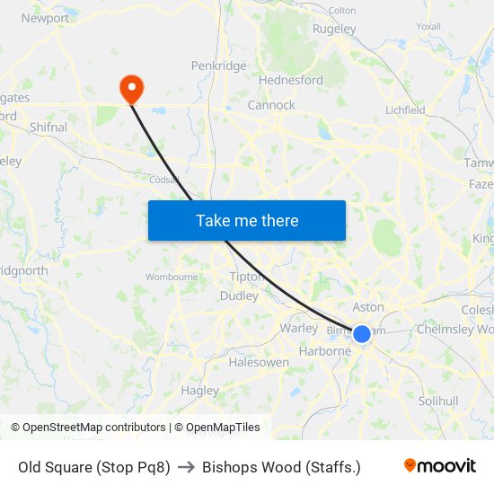 Old Square (Stop Pq8) to Bishops Wood (Staffs.) map