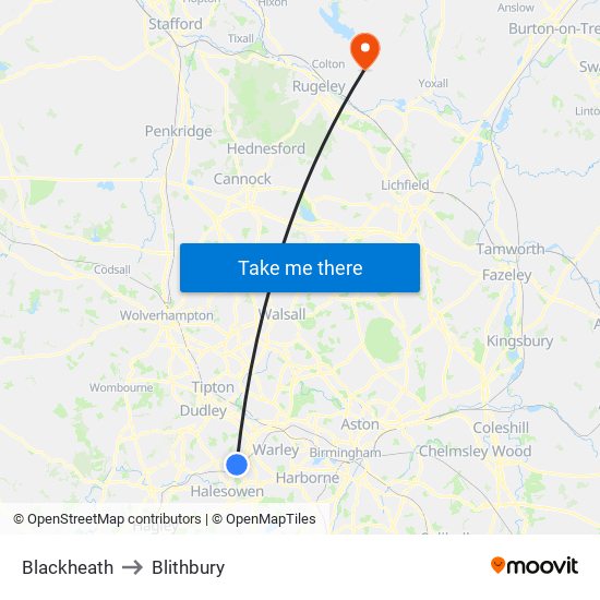 Blackheath to Blithbury map