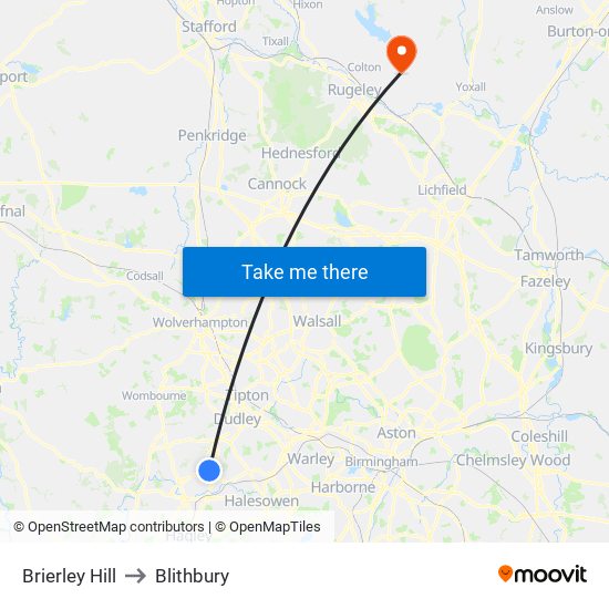 Brierley Hill to Blithbury map