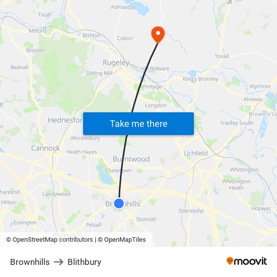 Brownhills to Blithbury map