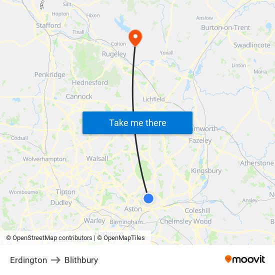 Erdington to Blithbury map