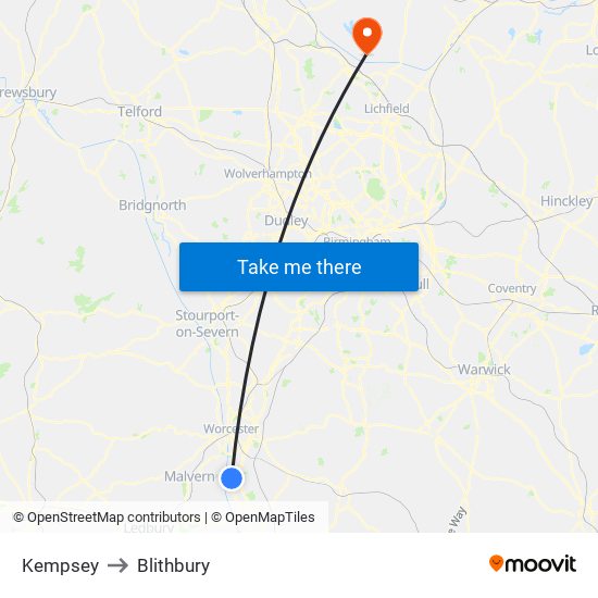 Kempsey to Blithbury map