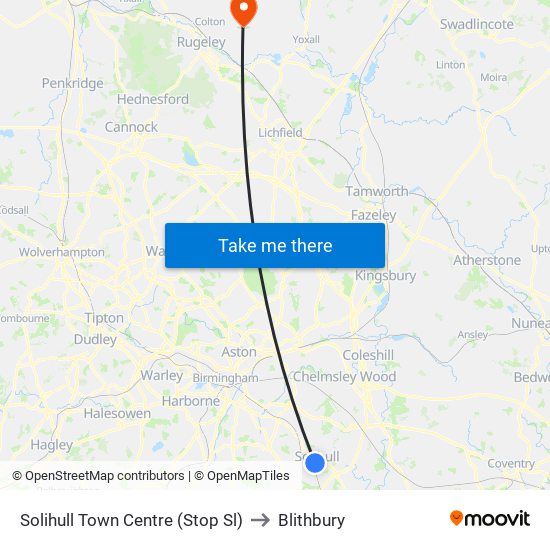 Solihull Town Centre (Stop Sl) to Blithbury map